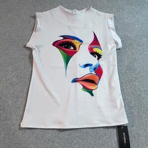 UOOZEE Abstract Face Graphic Sleeveless Mock Neck Fierce Bold Art SZ L